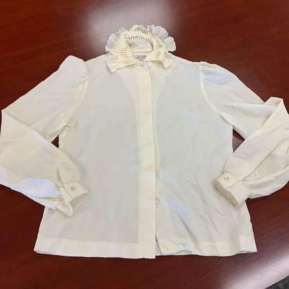Vintage Sasha Ivory Ruffle Neck Puff Sleeve Blouse sz 9 EUC